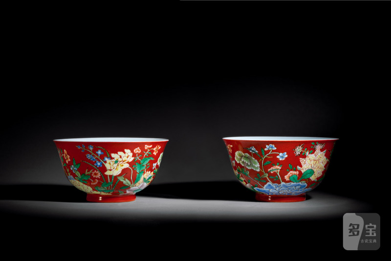 清康熙 御制磁胎画珐琅红地洋彩九秋同庆图碗一对 - 图7